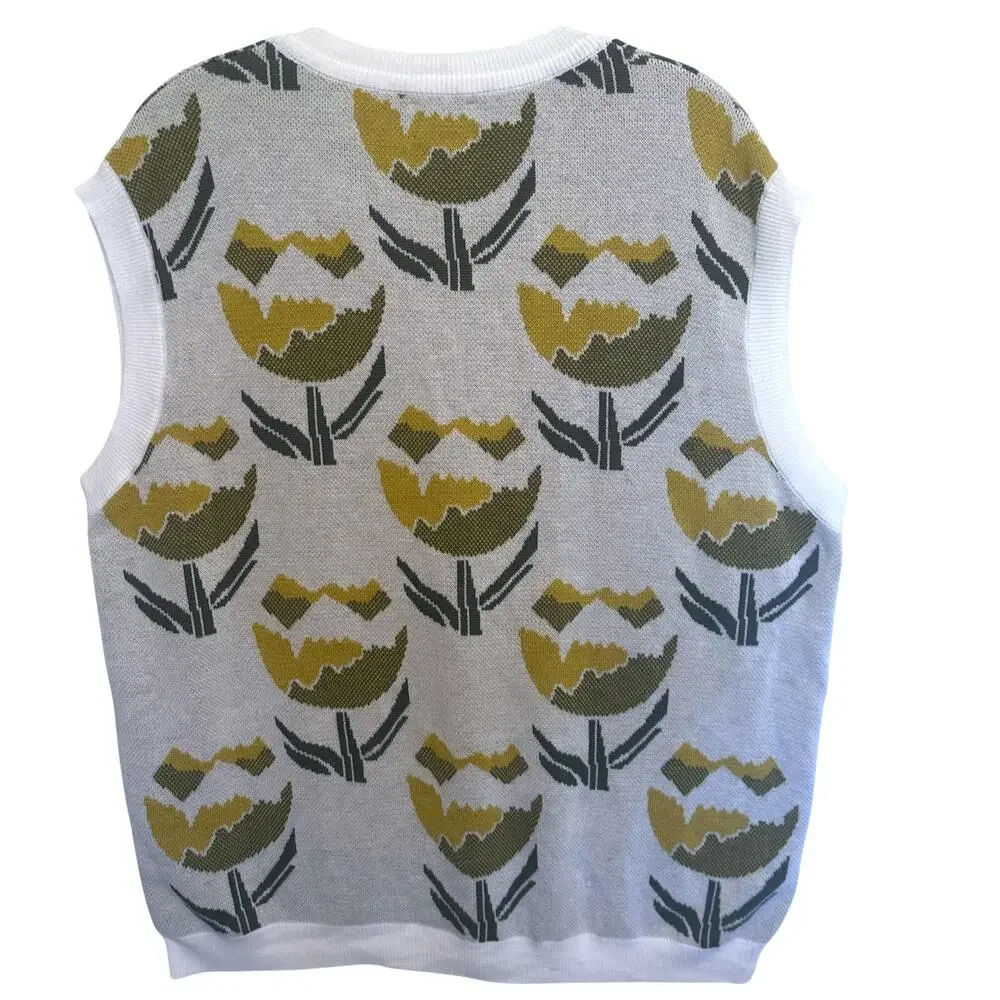 ASOS Design Knitted Tank Mens XL White Yellow Green Floral Sweater Vest